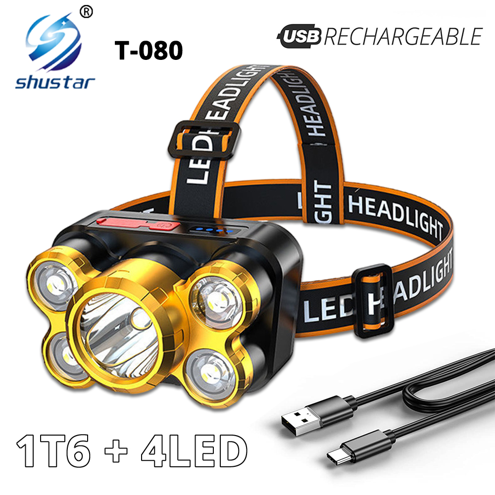 

5Heads Super Bright LED Headlamp Rechargeable Headlights with 1T6+4LED Lamp Beads and Power Display Suitable for Adventure Etc.