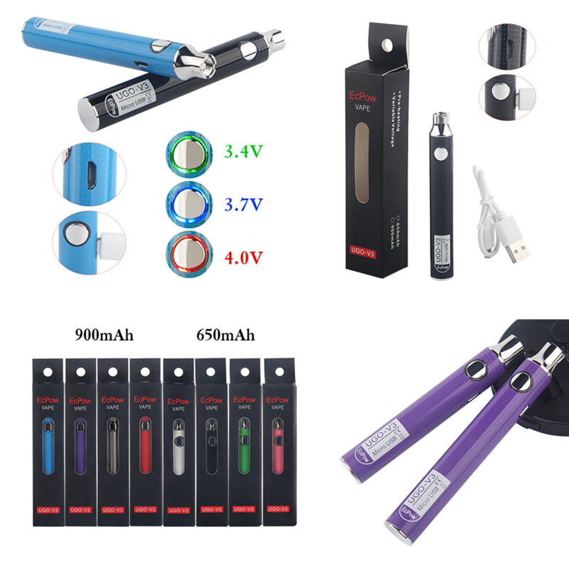 

MOQ 5Pcs UGO V3 Batteries III 650mAh 900mAh Preheat Vaporizer Pen Battery 380mAh Variable Voltage VV Vape Mod For 510 Thick Oil V9 Vapor Cartridges Tank