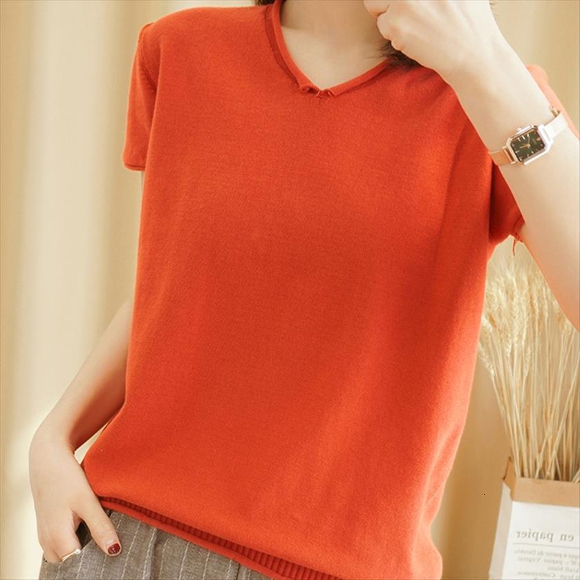 

smpevrg 100%cotton knitted women womens sweaters pullover summer short sleeve v neck health female breathable top, White;black