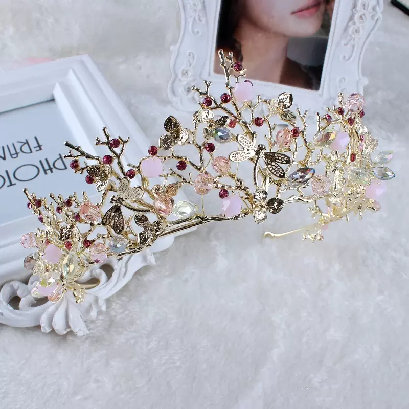 

Baroque Korean Gold Crystal Princess Bridal Headpieces Crowns And Tiaras Queen Rhinestone Handmade Wedding Accessories Prom Birthday Party Jewelry