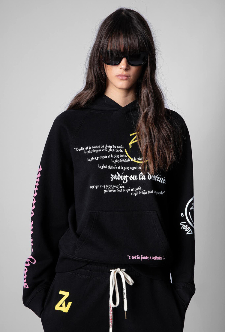 

Fashion Sport Smiley Fleece Woman's Pullover Letter Hoodies., Black