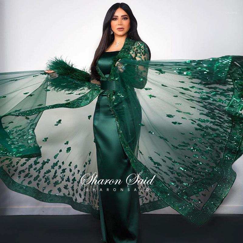 

Luxury Dubai Emerald Green Feathers Evening Dress Moroccan Kaftan Arabic Formal Dresses Long Sleeve Turkish Wedding Party Gowns
