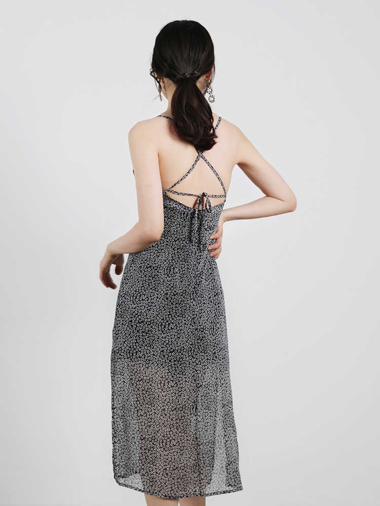 

Ladies Fashion Floral Dress V Neck Spaghetti Strap Midi Dresses Women Summer Chiffon Beach Sundress Vestidos robe femme 210608, Black