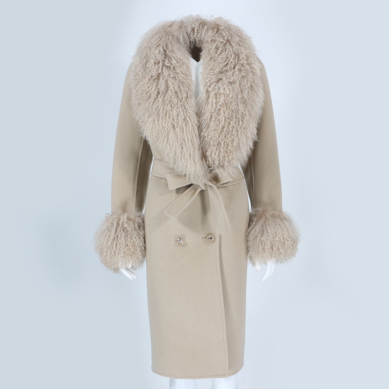 

OFTBUY 2021 Real Fur Coat Winter Jacket Women Natural Mongolia Sheep Fur Collar Cashmere Wool Blends Long Outerwear Streetwear, Sky blue