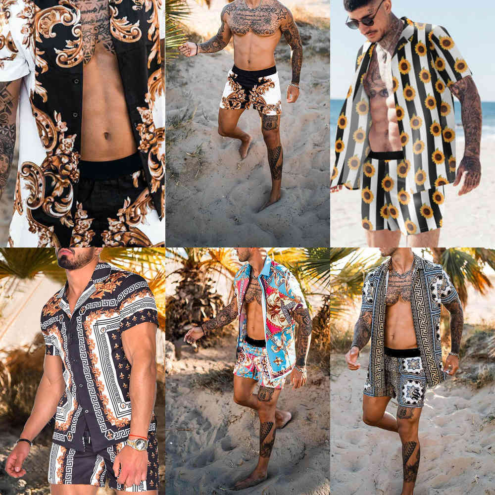 

Two Piece Set Men Hawaiian Print Short Sleeve Shirt +Shorts Men's Tracksuits 2021 Summer New Causal Beach Tops Short Trousers X0610