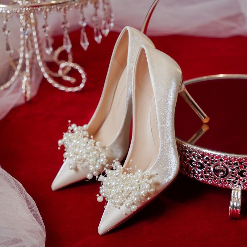 

Dress Shoes 2021 French-Style Bride Bridesmaid White Pearl Stiletto Heel High Heels Wedding For Women Zapatillas Mujer, Champagne 6cm