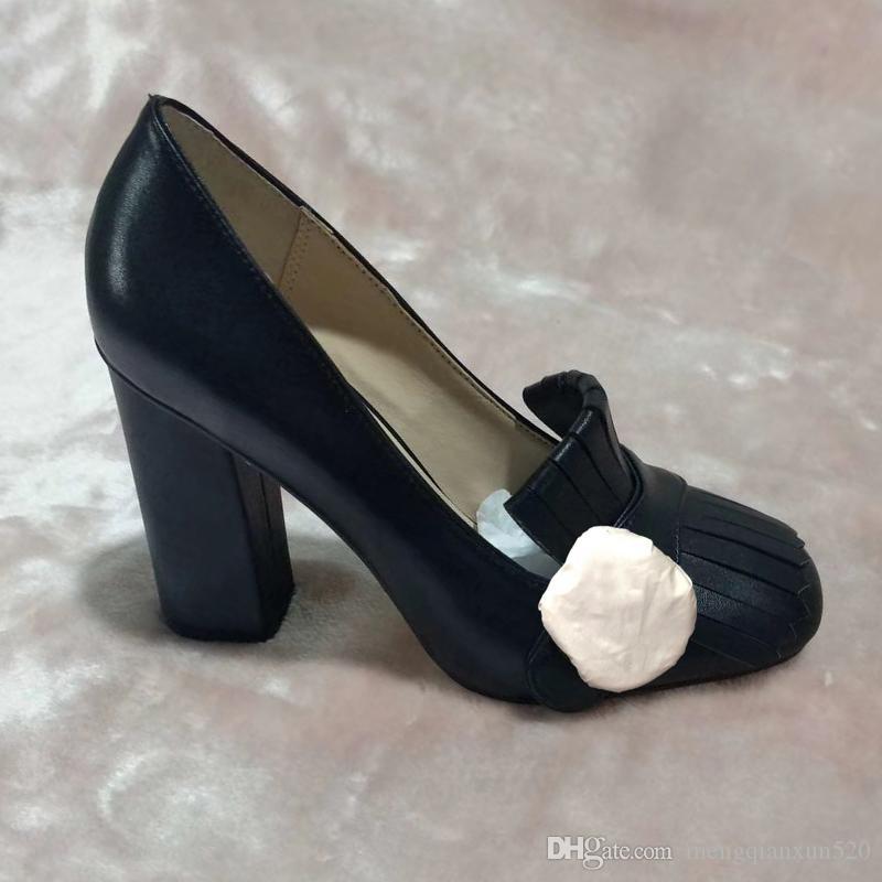 

Classic high-heeled boat shoe Designer leather rivet Thick heel high heels 100% cowhide Metal Button women Dress shoes 10cm Large size 34-42, Black cow leather