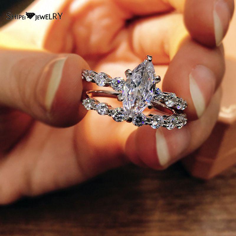 

Cluster Rings Shipei 100% 925 Sterling Silver Marquise Cut Created Moissanite Gemstone Wedding Engagement Romantic Ring Set Fine Jewelry, Golden;silver