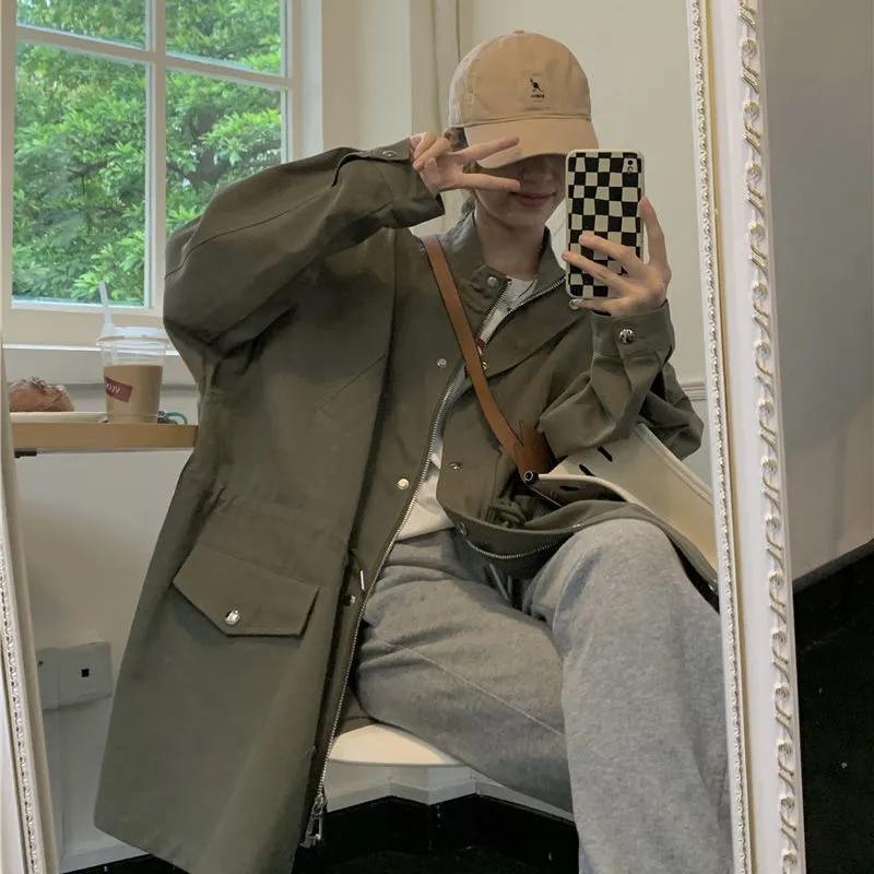 

Women' Jackets Autumn Thin Trench Coat Korean Vintage Loose Solid Casual Jacket Chic Fashion Elegant Ladies Office Zipper Outerwear, Beige