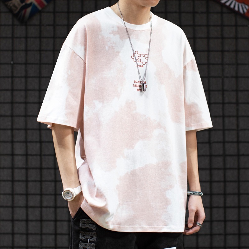 

21ss summer Guochao Street splash ink tie dye Harajuku style loose short sleeve T-shirt for men, White;black