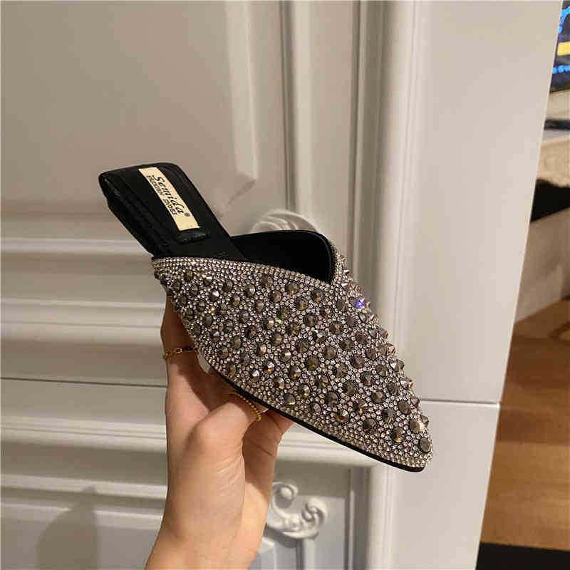 

slippers women's summer flats luxury mules pointed toe loafer slip on slide sandals fashion designer shoes casual ladies pumps t8w, Black