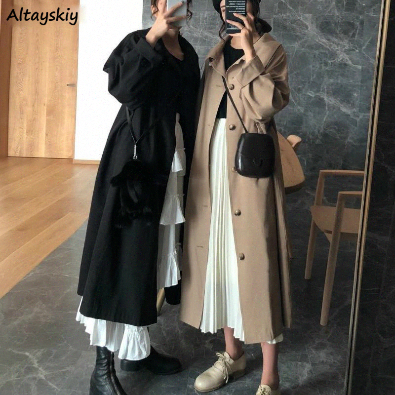 

trench coat women long style solid loose button daily outwear womens allmatch streetwear leisure elegant chic retro fashion new e0ee, Khaki