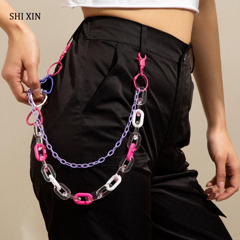

Keychains SHIXIN 2 Layered Beads Acrylic Thick Keychain Men/Women Heart Pants Waist Chain Fashion Trousers Key Wallet Holder Jewelry