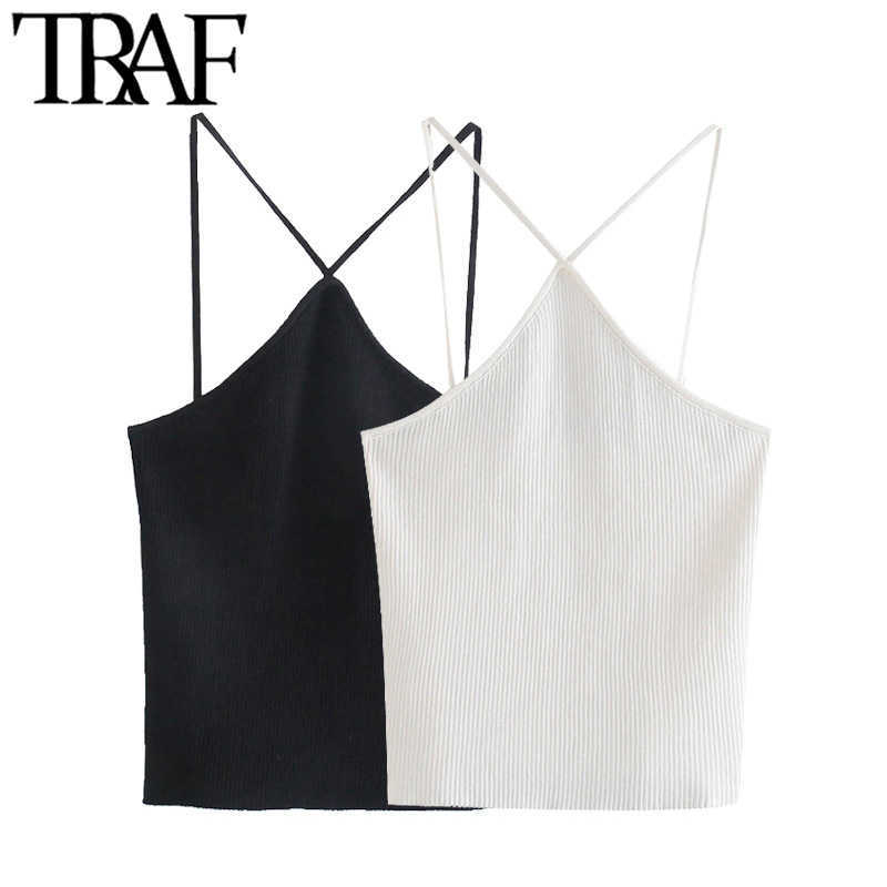 

TRAF Women Fashion Hollow Out Cropped Knit Tank Tops Vintage Backless Thin Straps Female Camis Mujer 210616, As picture