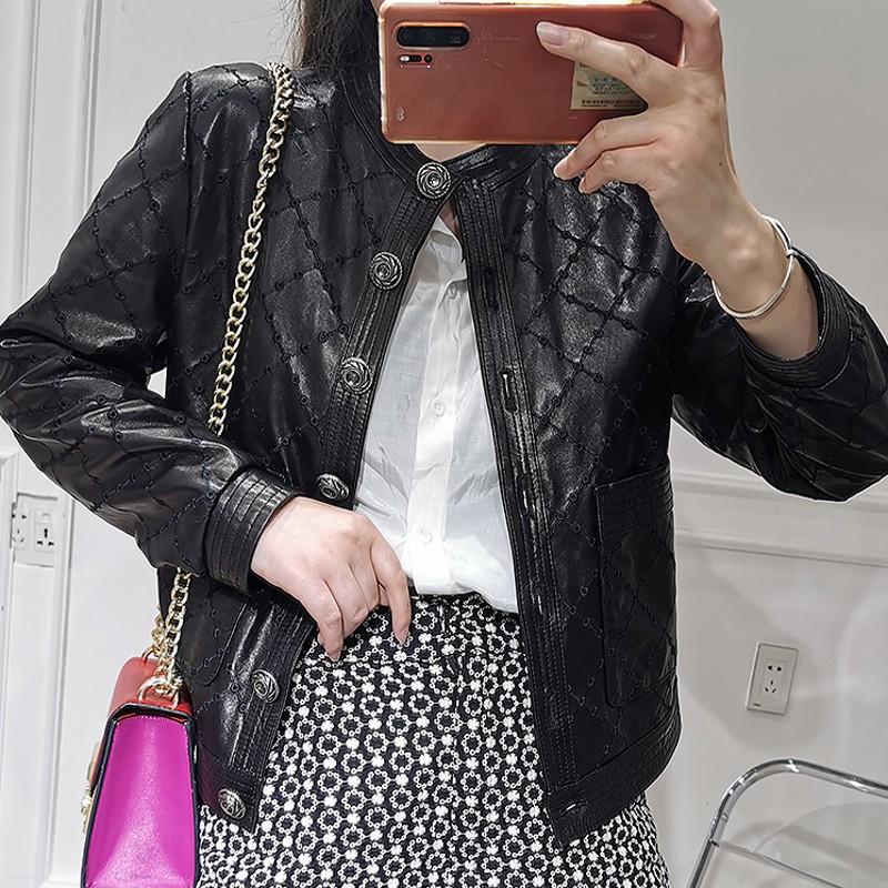 

Womens High Quality Short Slim Genuine Leather Jackets Office Lady Single Breasted Diamond Lattice Design Sheepskin Coat Women's & Faux, Black