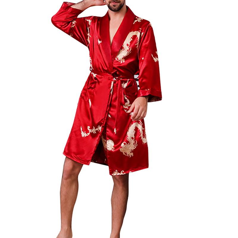 

Men's Sleepwear Men Luxury Chinese Sleep Robes Home Silky Long Bathrobe Sleeve Robe And Pants Set For, Black1