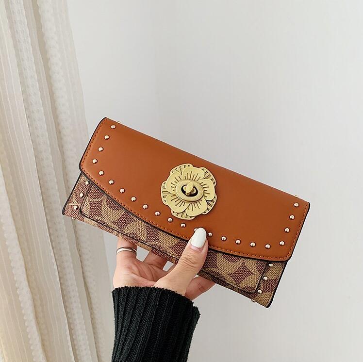 

Factory wholesale women handbag fashion printed long wallet punk metal personality chain bag folding rivets color matching leather womens wallets, Brown2