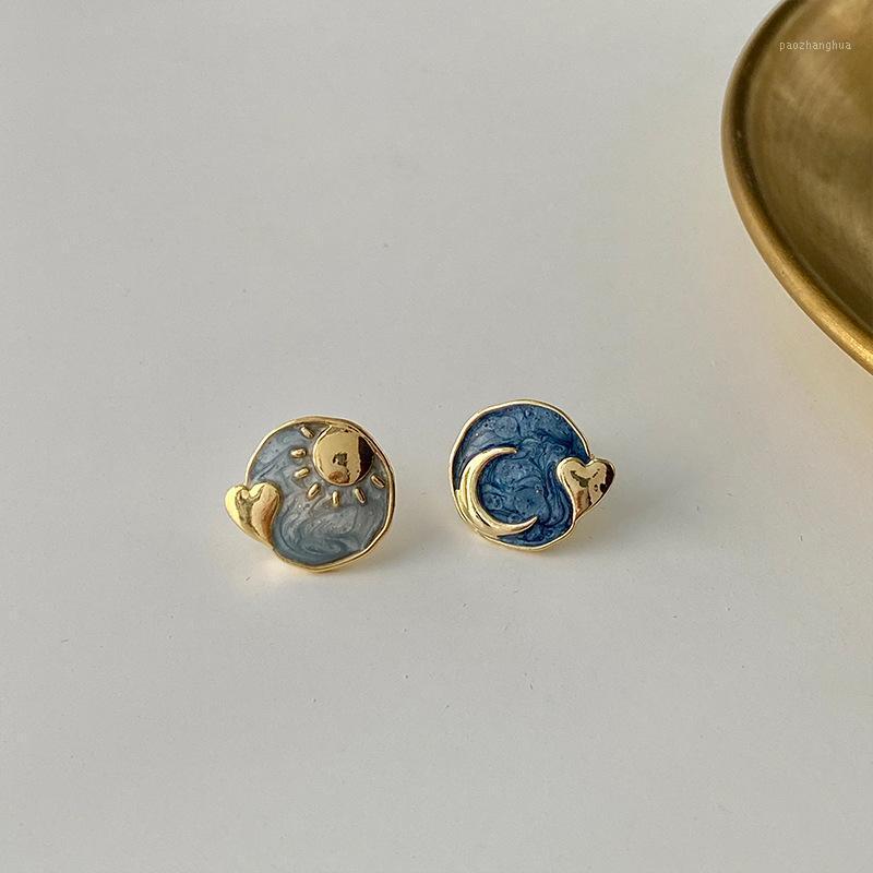 

Stud Fresh Lovely Sweet Blue Asymmetry Sun Moon Little Love Heart Earrings For Women Girls Birthday Party Christmas Gift, Golden;silver