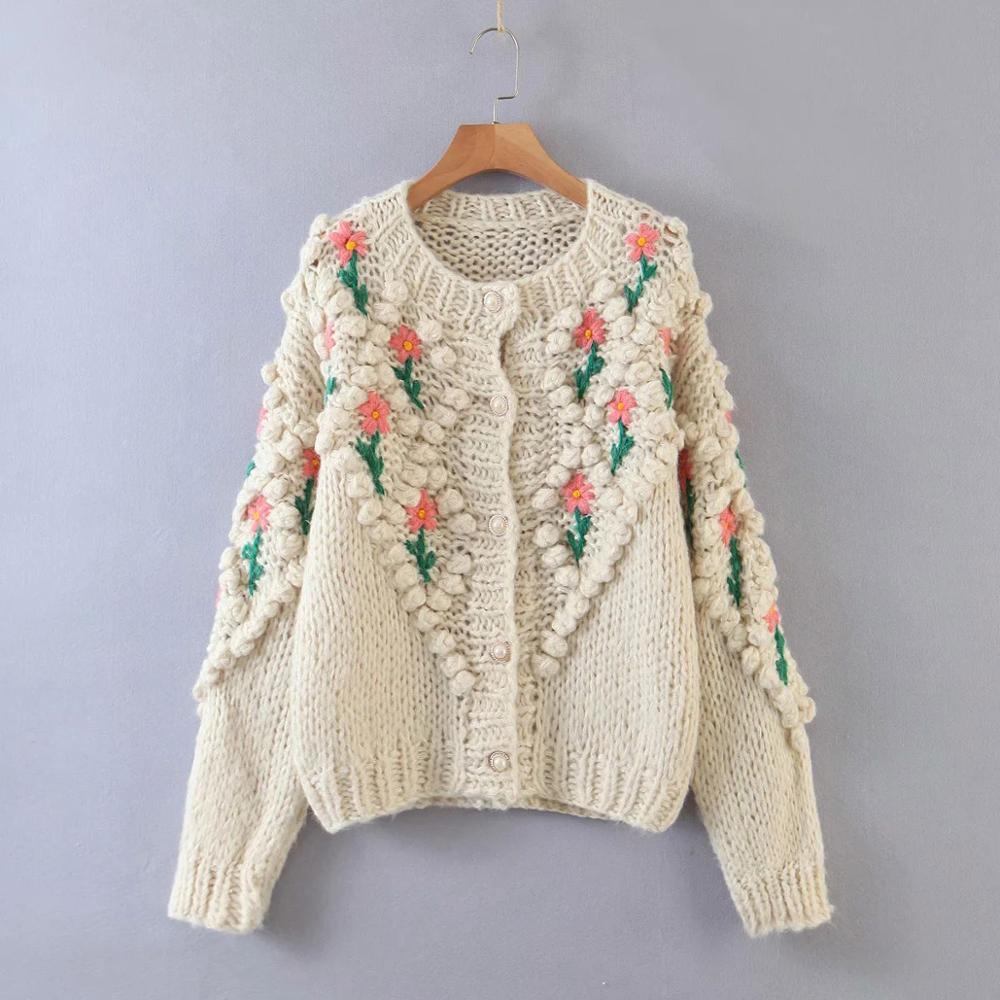 

women hand made floral warm cardigan winter fashion ladies o-neck puff sleeve button sweater vintage female preppy style 210521, Beige