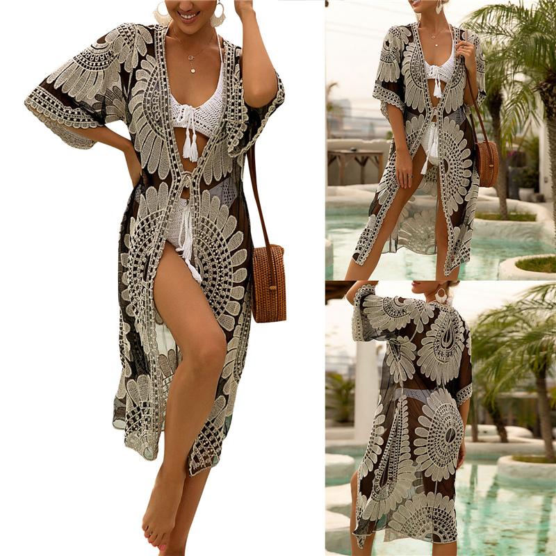 

Women's Swimwear Long Swimsuit Cover Up Half Sleeve Floral Crochet Open Front Kimono Beach Cardigan, Black