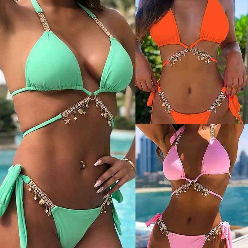 

Two Piece Swimsuit Women Bikinis Crystal Diamond Bikini Set Chain Swimwear Female Luxury Aristocratic Swimming Suit 210603, Pink