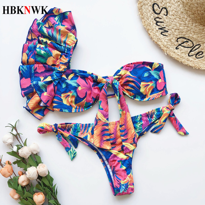 

2021 Sexy One Shoulder Bikinis Set Ruffle Swimwear Women Swimsuit Thong Brazilian Biquini Female 2 Piece Bathing Suit Beach Wear, Printing