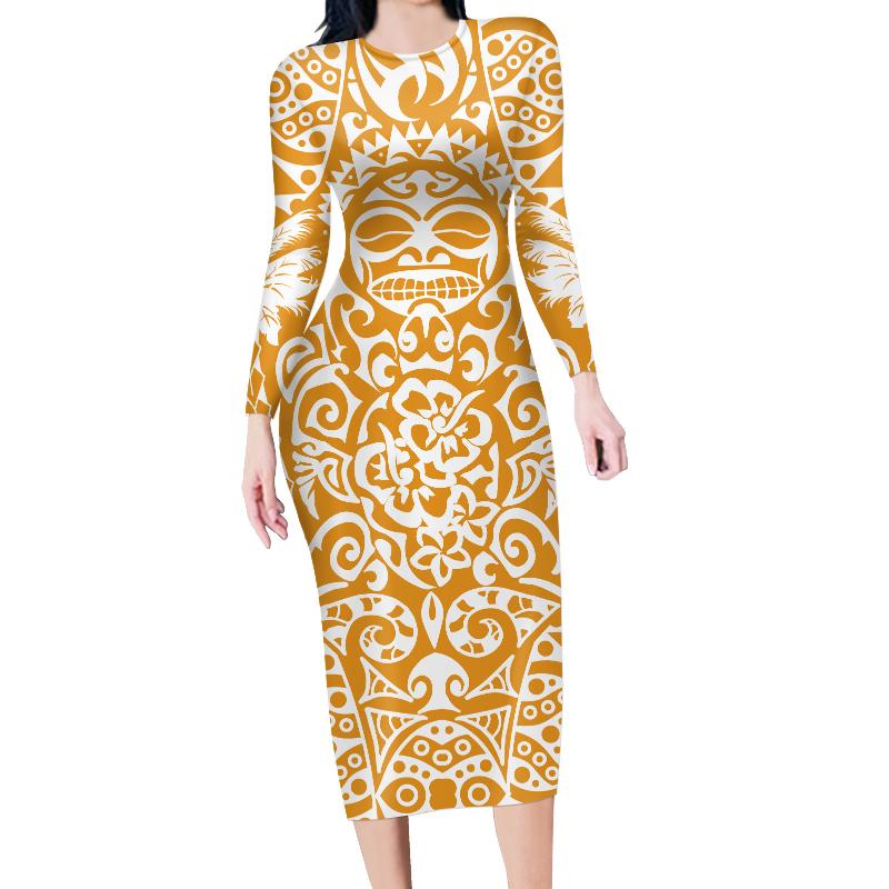 

Casual Dresses HYCOOL Samoan Polynesian Tribal Sun Tattoos Print Yellow Dress Custom Logo Long Elegant Fashion Bodycon Party, Hbc205545d40