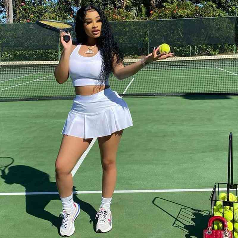 

solid 2 two piece set women tracksuit halter crop pleated skirt sets summer vacation outfits femme streetwear, Gray