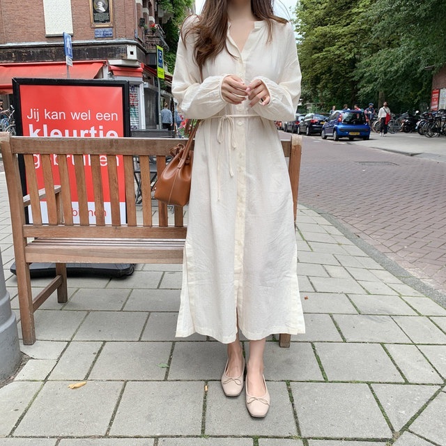 Autumn Girls Women Vintage Cotton Linen Sleeve Dresses Female V neck White Dress Long Boho Robe Femme Vestido 210417Z