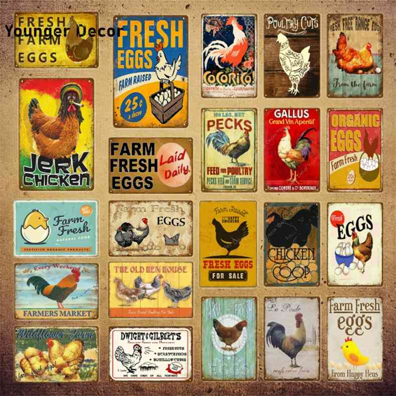 

Jeek Chicken Tin Signs Organic Eggs Poster Vintage Farmhouse Farm Wall Decor Rooster Retro Metal Plaque YI-1131