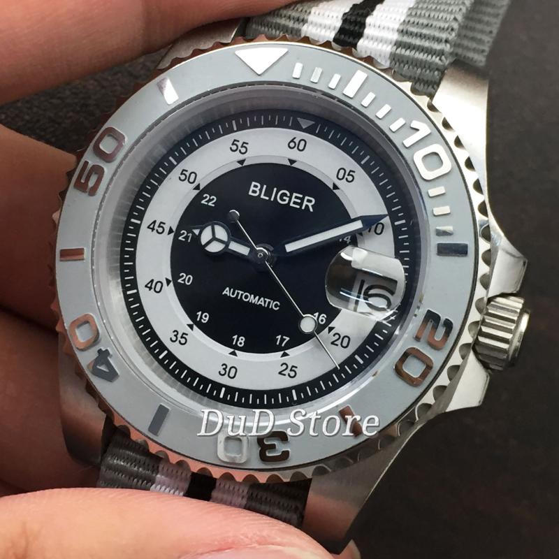 

Wristwatches 40mm Gray Ceramic Bezel Nylon Strap Sapphire Glass Automatic Men Watch, Silver