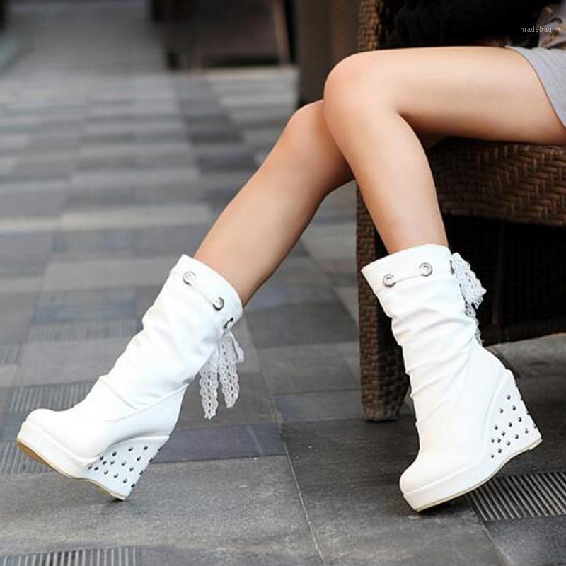 

Boots 2021 Wedge Women Autumn Shoes Woman Platform Mid-calf High Heel Fashion Gothic Lady, White