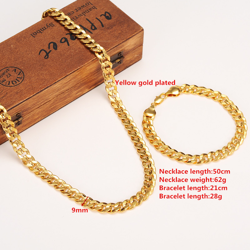 

Classics Fashionable Real 18K Yellow Gold Mens Woman Necklace Bracelet Jewelry Sets Solid Curb Chain Abrasion resistant, Golden
