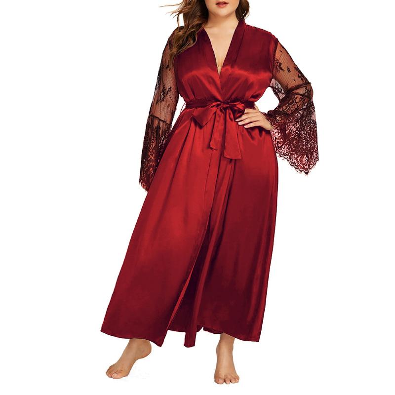 

Plus Size Dresses 5XL Chinese Women Satin Lace Patchwork Long Robe Kimono Bath Gown Bride Bridesmaid Wedding Bathrobe Sleepwear, Black