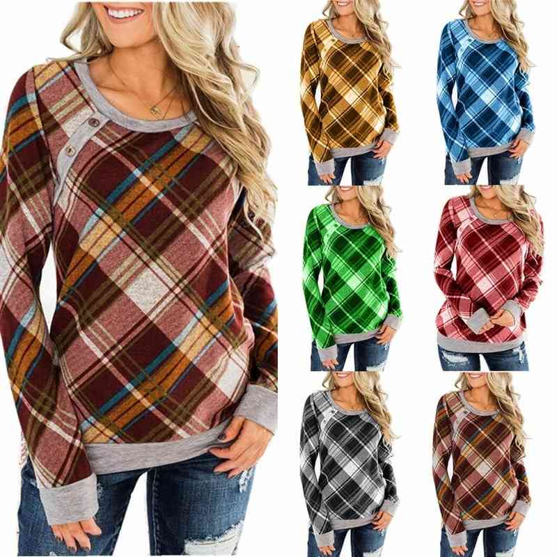 

Plus Size Cotton Plaid Blouse Women Casual O Neck Long Sleeve Color Block Tunic Womens Shirts Pulloverr Elegant Button 210603, Blue