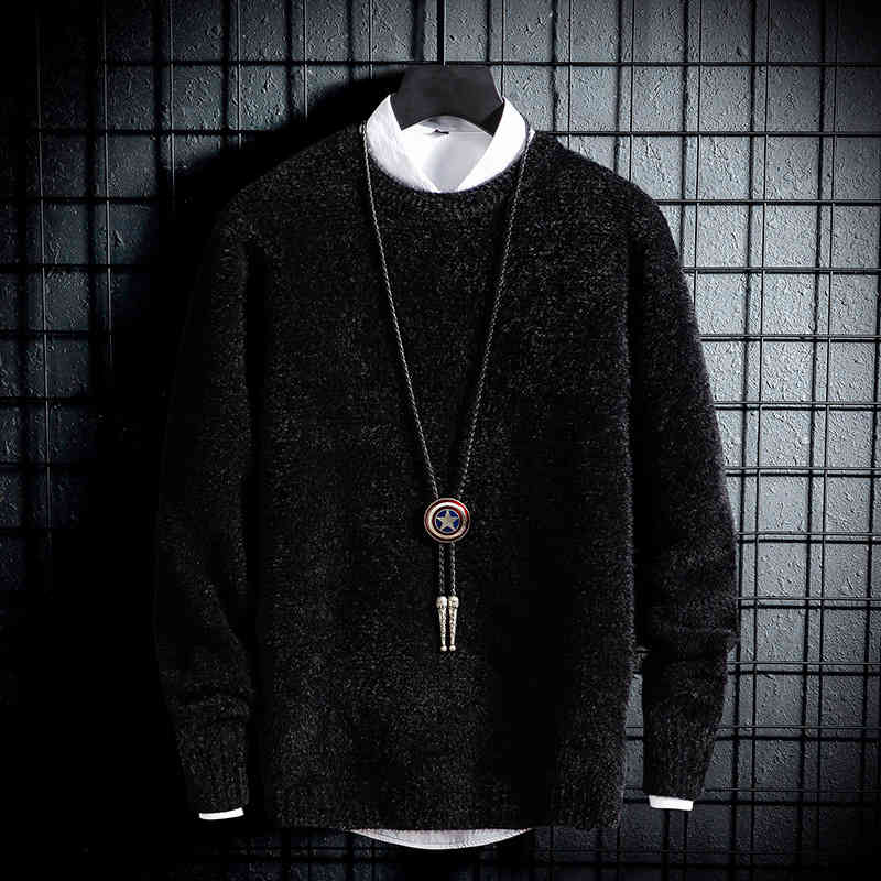 

sweater knit men's t shirt winter trend thickening warm round neck pullover backing fashion brand, White;black