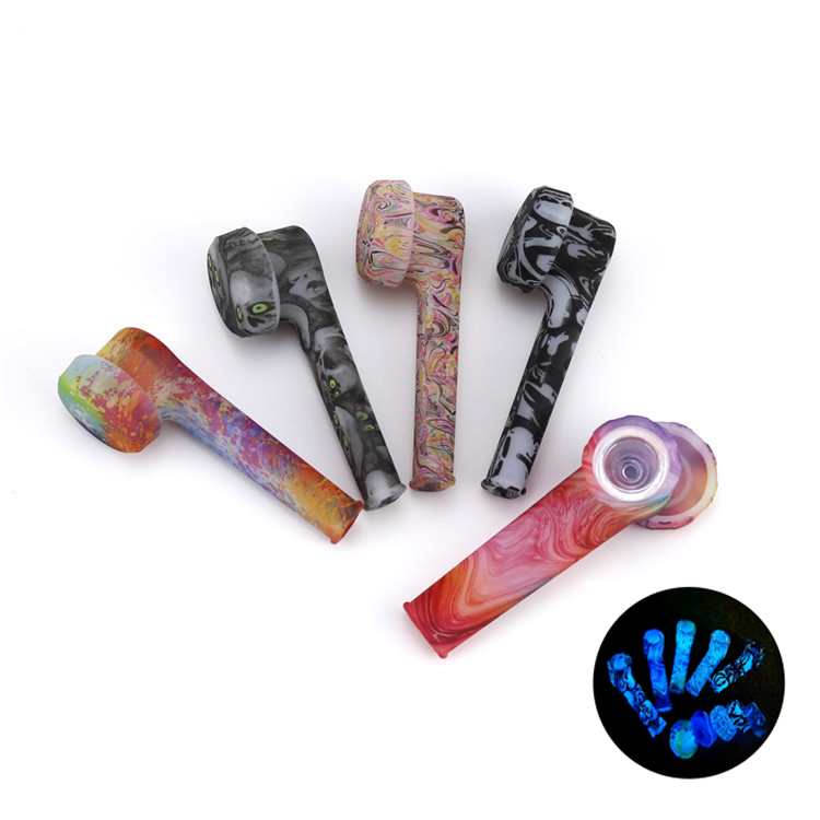 

Luminous Silicone Tobacco Hand Pipe With Pattern Bowl 9cm Heat Resistant Cigarette Food Grade Material Pyrex Glass Oil Burner Smoking Pipes DHL Free Freight