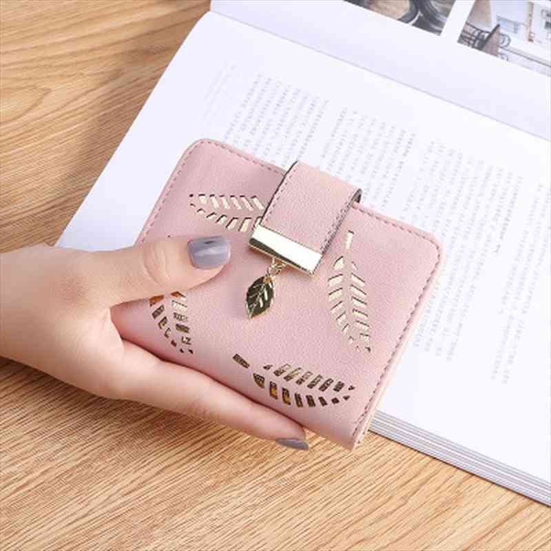 

womens purse short zipper wallet with hollow out leaves for women leather brand small wallets clutch bag, Red;black