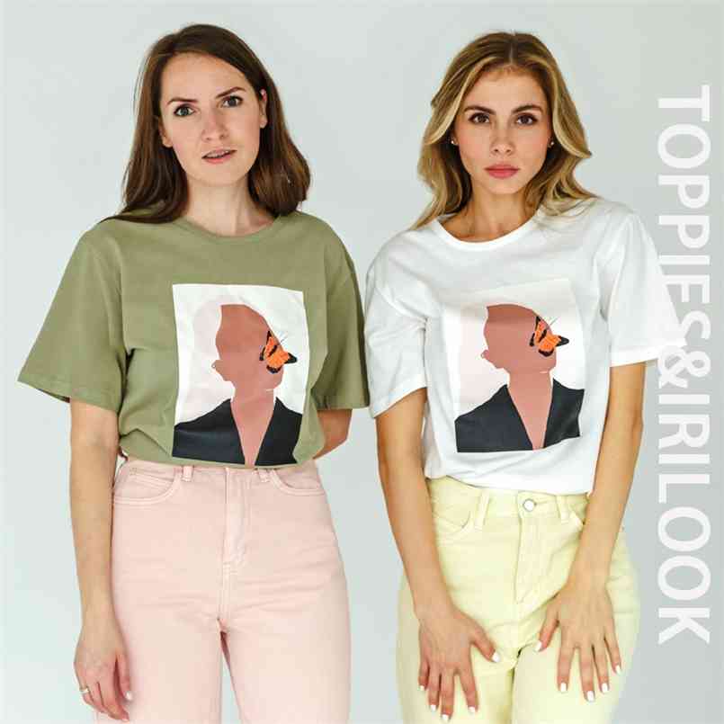 

Toppies Summer T-shirts Girls Tops Abstract Printing Korean woman 100% cotton 210708, Cst202 beige