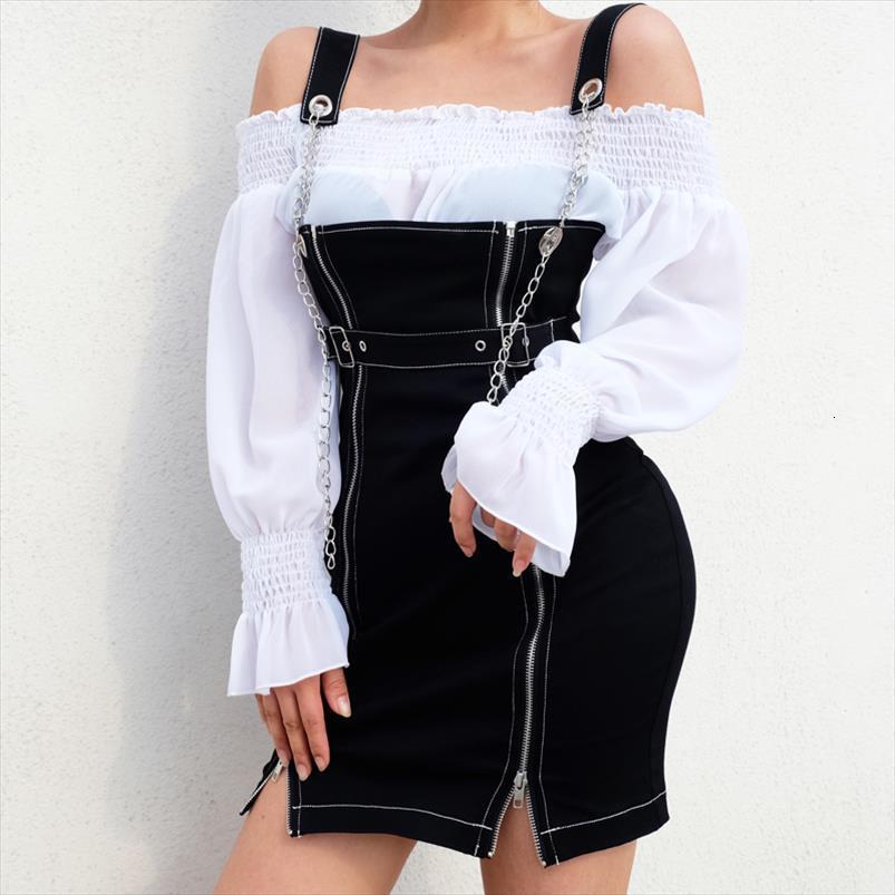 

punk bodycon streetwear autumn women dress zipper split mini metal chain belt party black, Black;gray