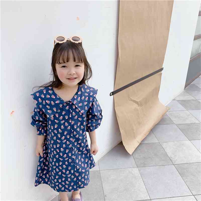 

Girls floral turn-down collar long dresses pure cotton single-breasted loose dress 1-6Y 210708, Beige
