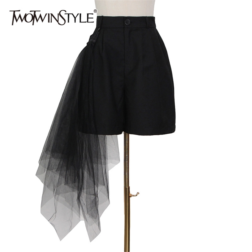 

Asymmetrical Black Short For Women High Waist Patchwork Mesh Casual Shorts Female Fashion Clothing Summer 210521