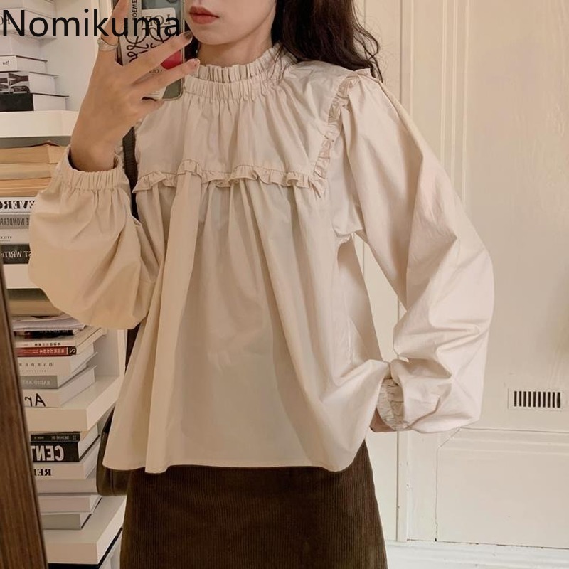 Nomikuma Sweet Causal Women Doll Shirt Korean Stand Neck Puff Sleeve Blouses Spring New Korean Pullover Tops Blusas 6F873 210427