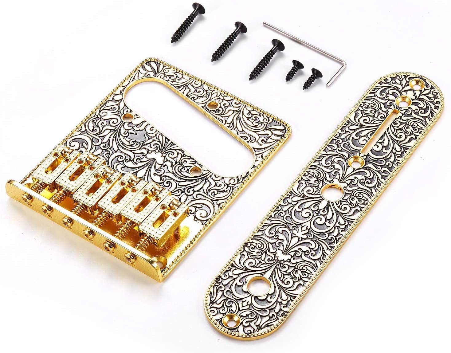 

Bridge Plate WANBY Professional 6 String Saddle Beautiful Decorative Pattern for Tele Electric Guitar (Golden)