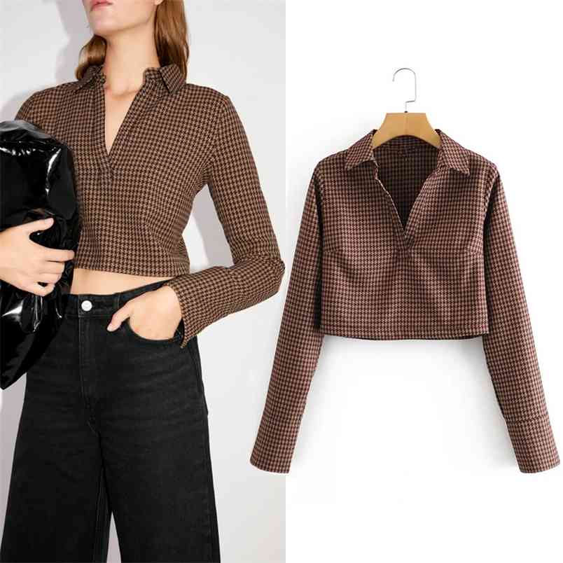 

Orange Houndstooth Crop Top Woman Autumn Vintage Plaid Long Sleeve Blouse Women Casual Streetwear Ladies Tops 210519