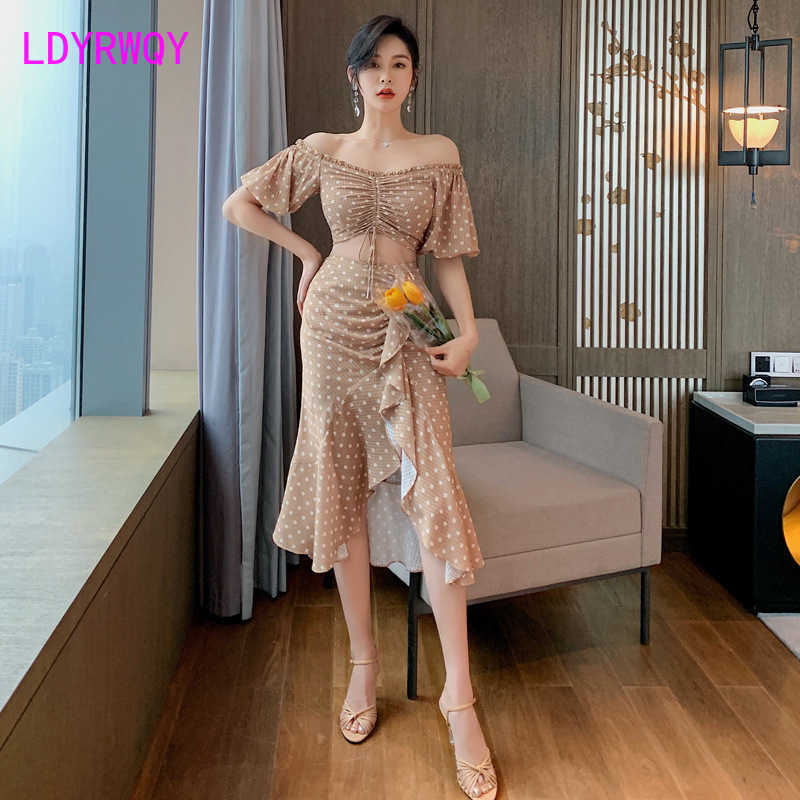 

Retro Fashion Polka Dot Tube Top Slim Fit Ruffled Skirt Vacation Seaside Beach Two Piece Set 210603, Khaki