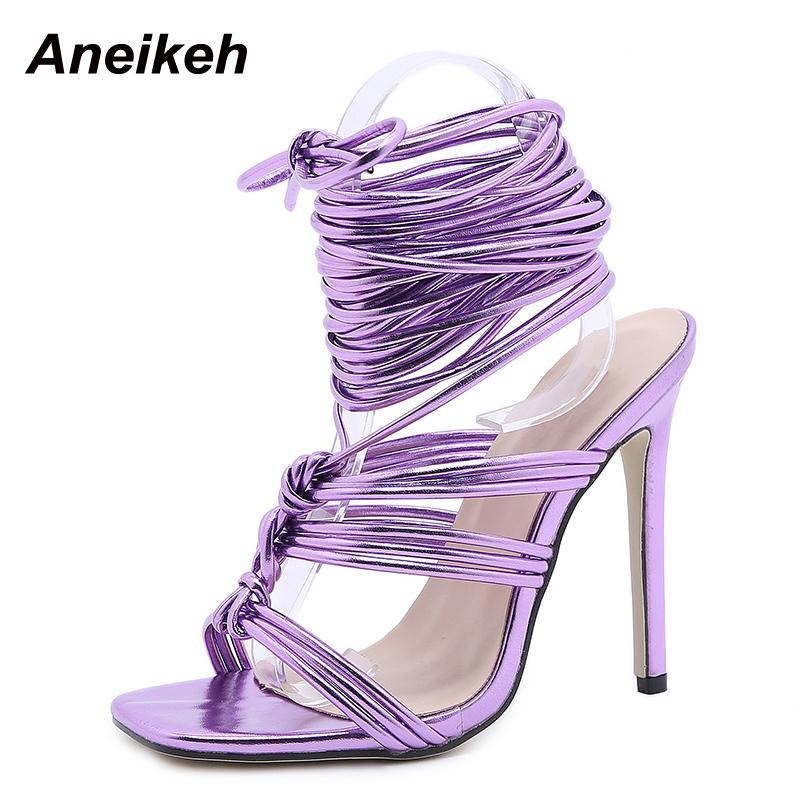

Aneikeh 2021 Narrow Band Patent Leather Fashion Sandalias Mujer Sexy Summer Thin Heels Cross-Tied Gladiator Solid Party Lace-up Sandals, Black