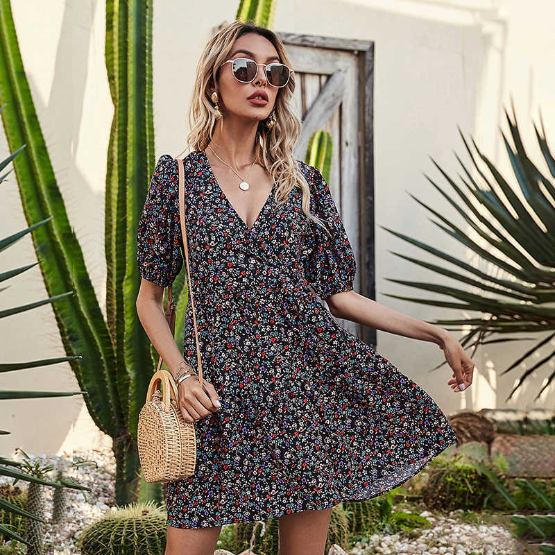 

Temperament V Neck Chiffon Floral Print Lantern Sleeve High Waist Dress Women Casual Boho Streetwear Elegant Beach Party Dresses 210608, Red