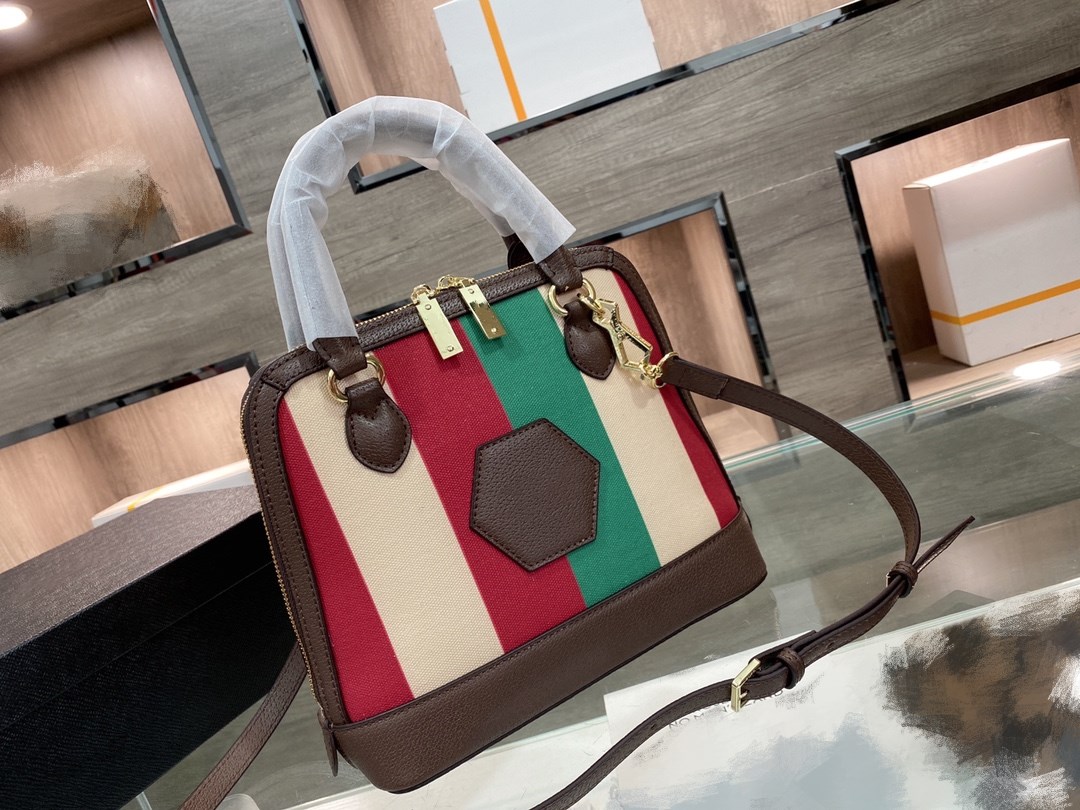 

Vintage tone red and green striped shell bag Luxury Designer coffee leather Handbag 25cm cool fashion women's corss-body bags, Brown