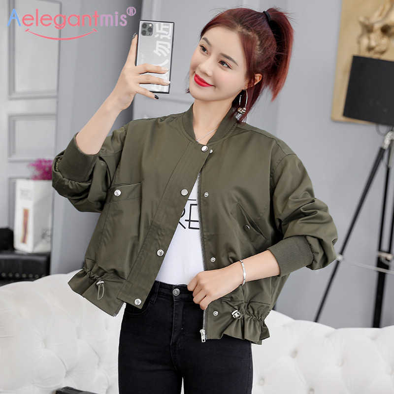 

Aelegantmis Women Autumn Casual Short Bomber Jacket Female Basic Pockets Jackets Coats Ladies Long Sleeve Elegant Outerwear 210607, Army green